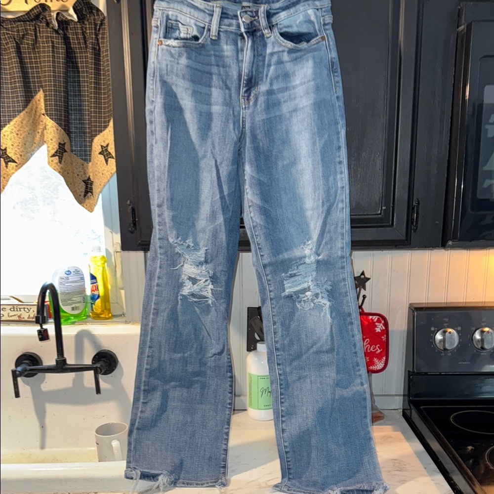 Blue Flare Wide Leg Jeans with Distressed Details